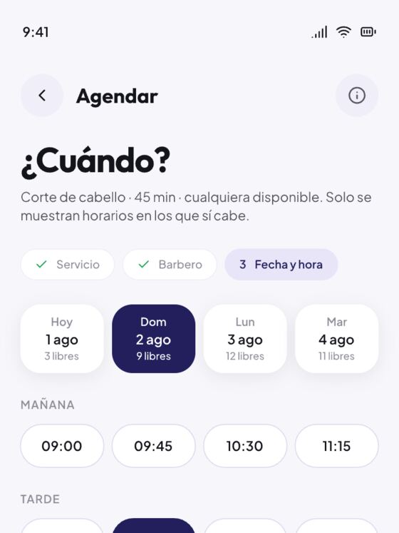 Pantalla de Stdio para elegir día y hora de una cita.