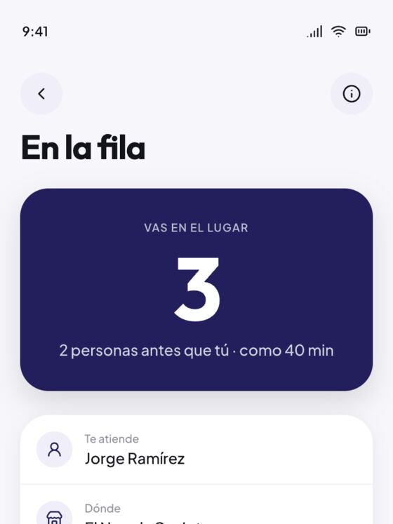 Pantalla de Stdio: el cliente ve que es el número 3 de la fila y cuánto falta.