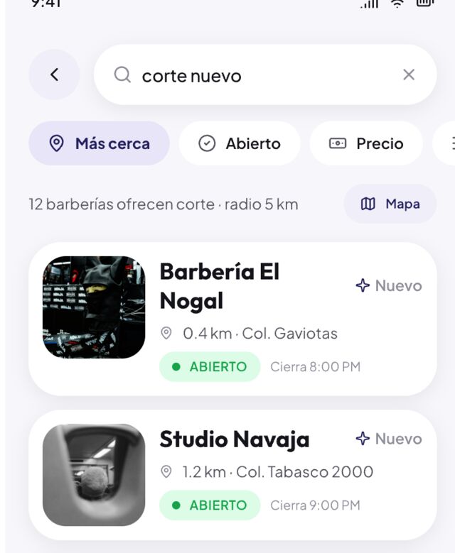 Pantalla de Stdio con barberías cercanas ordenadas por distancia.
